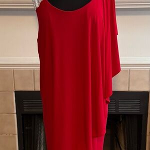 Sophia Christina Red Cocktail Dress with “Crystal” Shoulder Accents